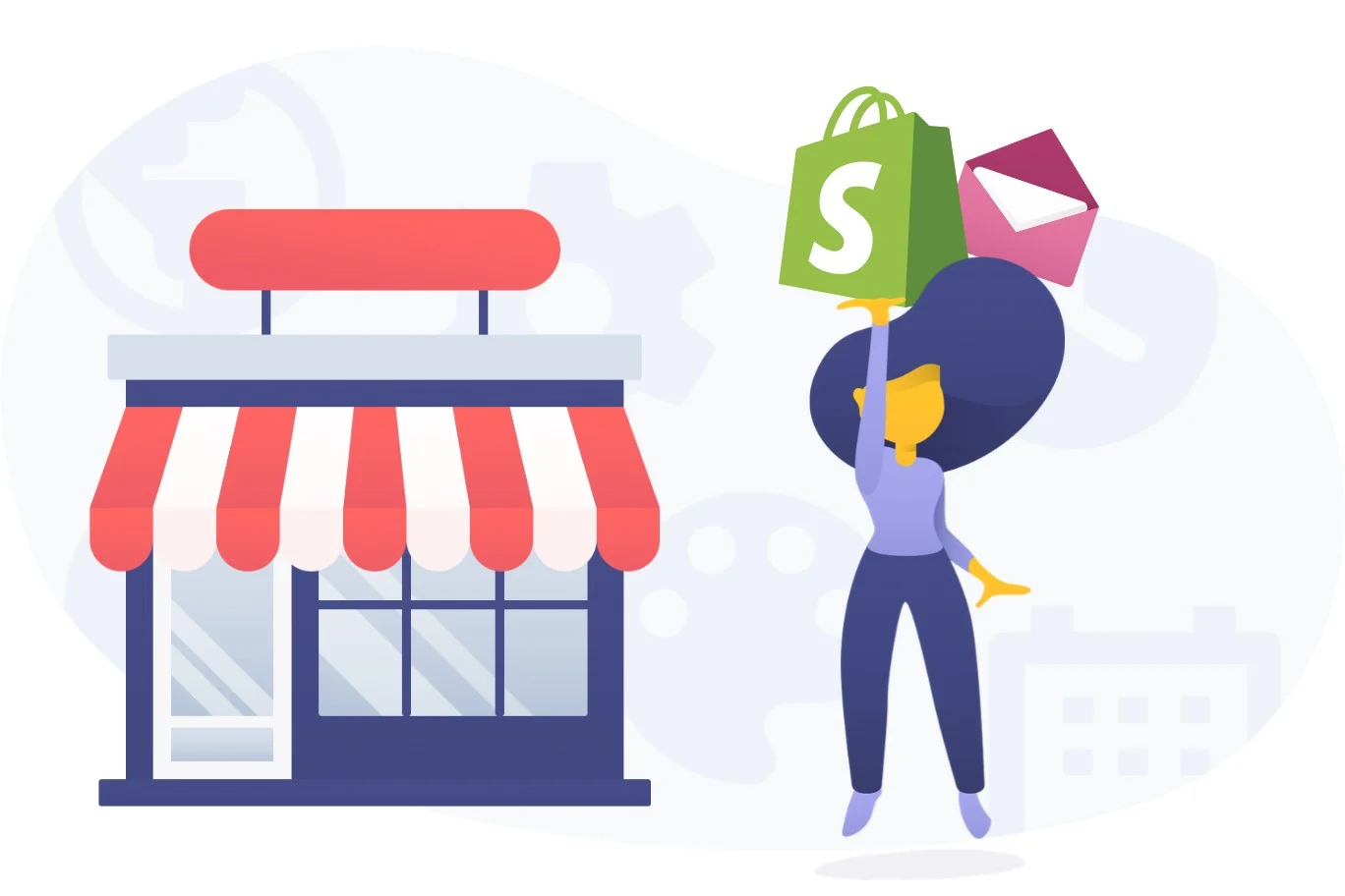 there is a shop a girl carrying shopify logo and an envelop representing best email marketing app for shopify