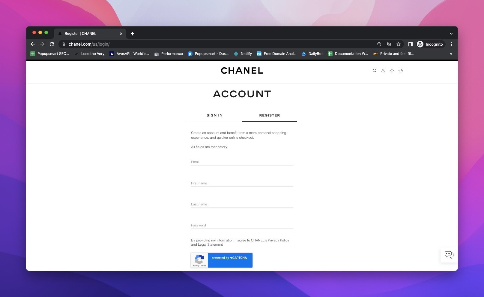 Chanel's customer registration page