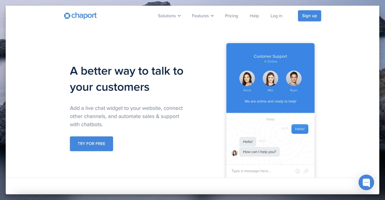 Chaport's homepage with sample chatbot and explanations