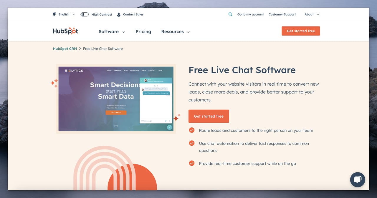 HubSpot free chat CRM on an orange background
