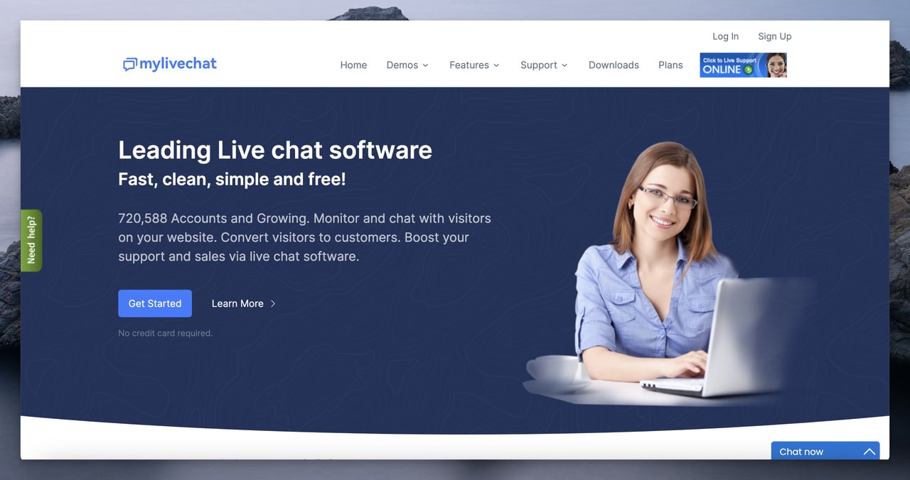 the homepage of MyLiveChat with a woman on above-the-fold part of the page