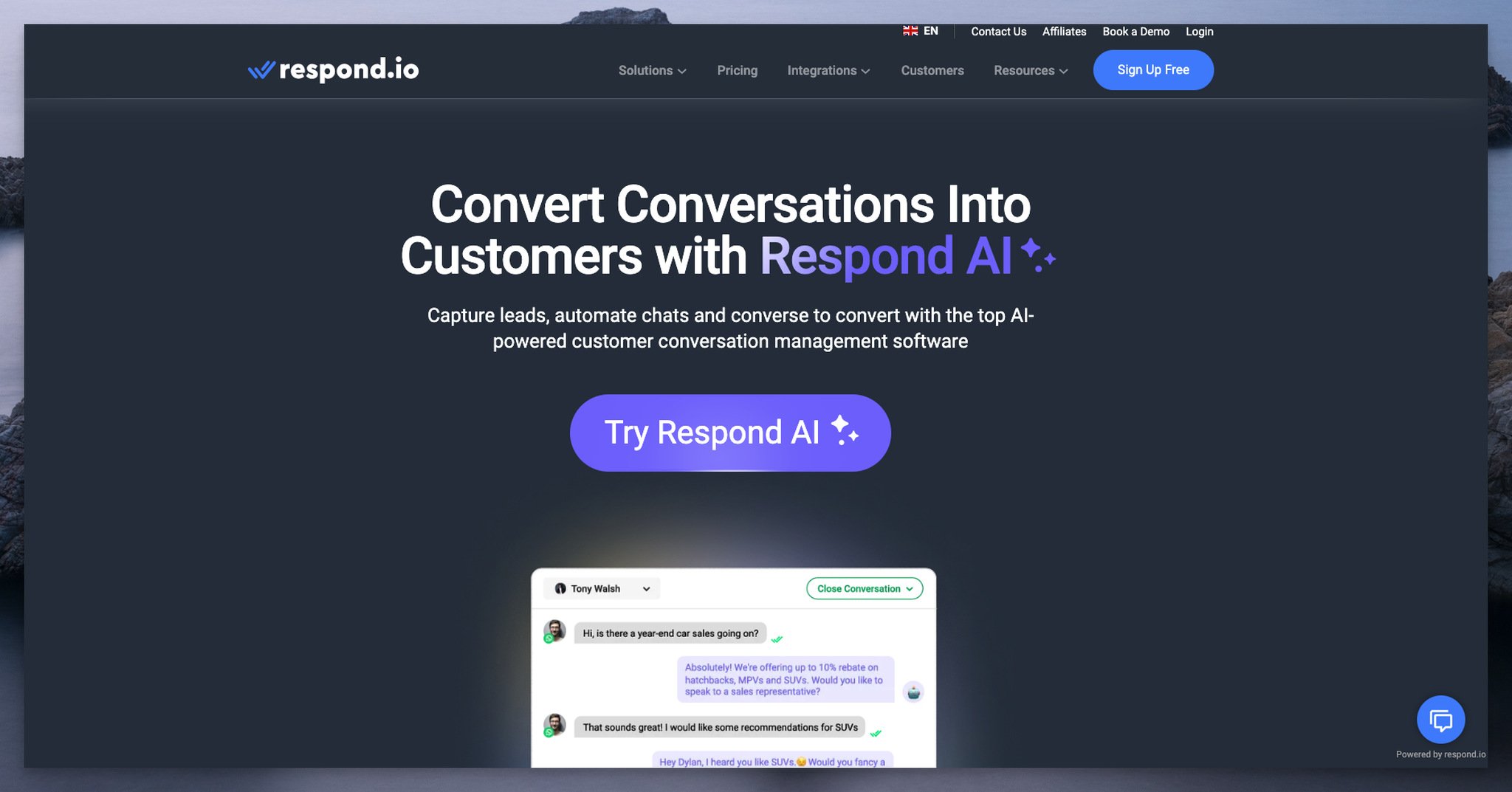 Respond.io's homepage with the headline followed by a "sign up free" button on the left and on the right, there are different chat windows put one by the other somehow connected with a circular line