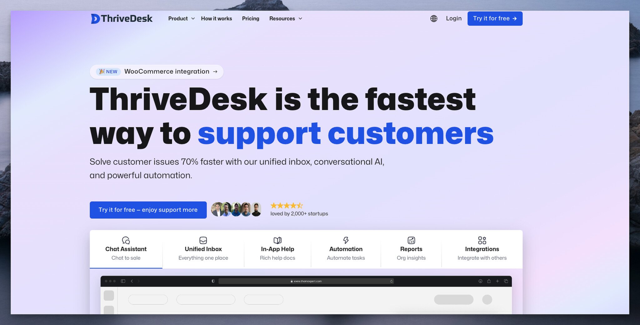 ThriveDesk homepage with interactive mottos and sample actions