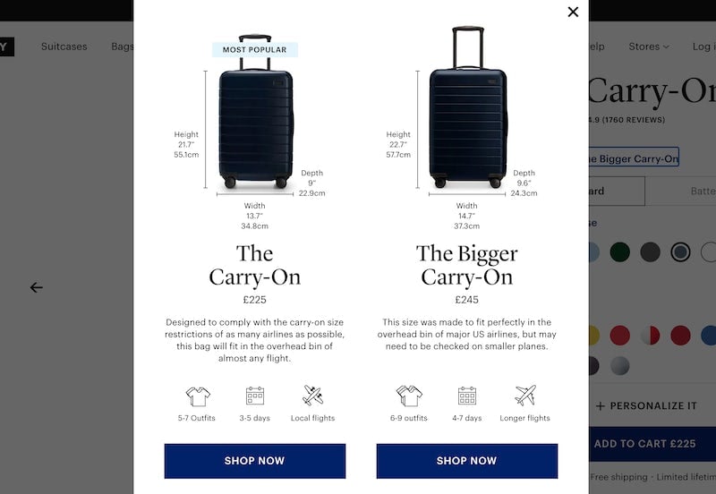 Away Travel suitcase upsell