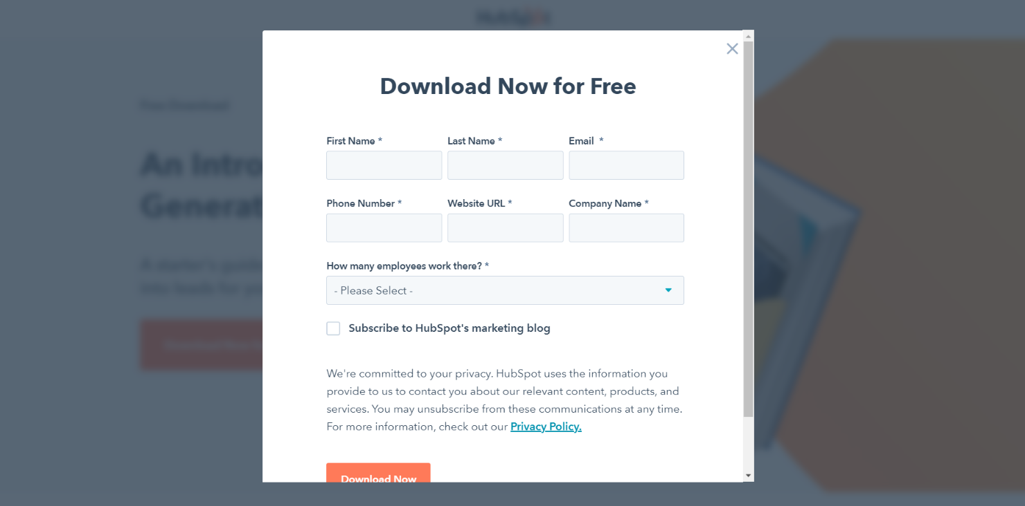 HubSpot form landing page