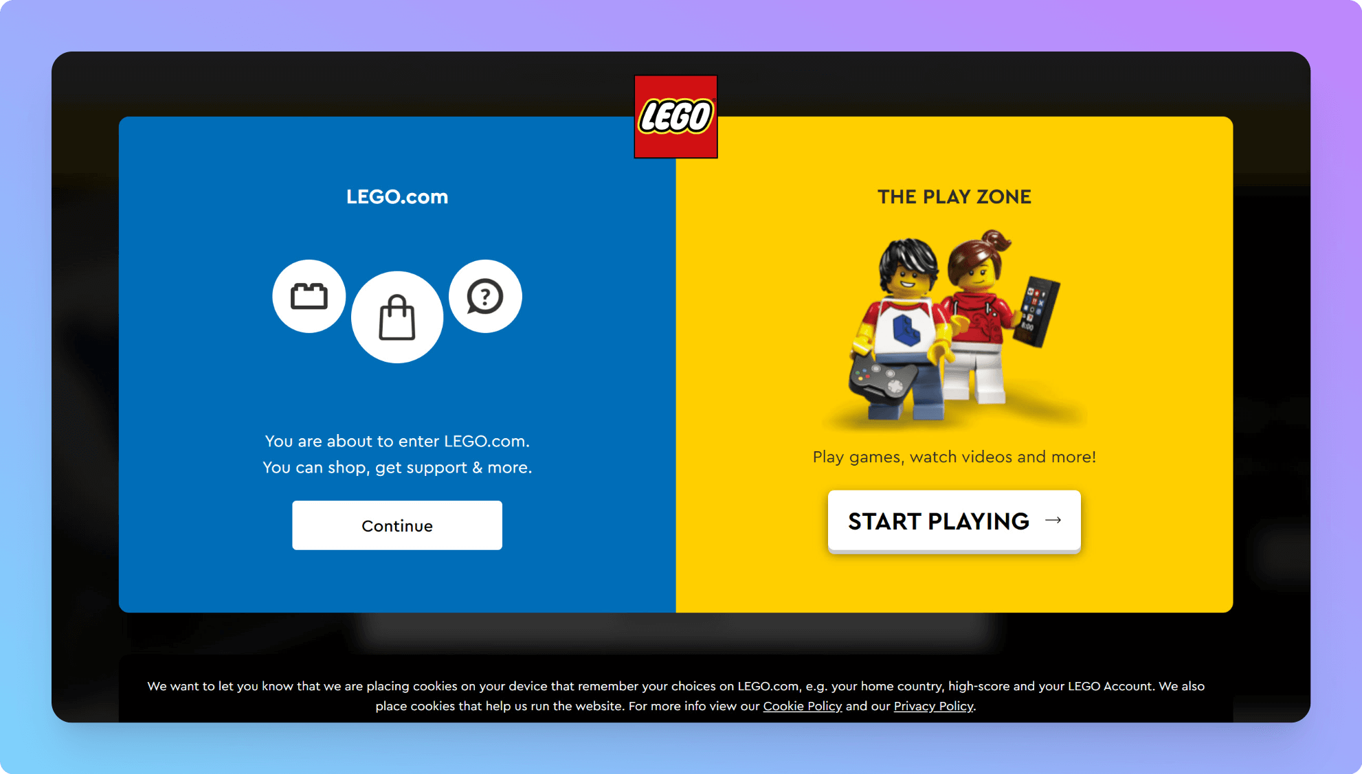 a screenshot of a Lego popup design that helps users to navigate to two different sections of the website with two different Call to actions
