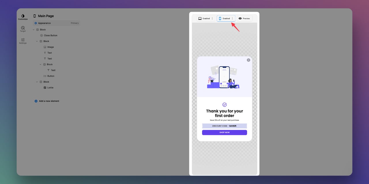 a screenshot of the Popupsmart, popup builder dashboard showing the step to create a customized mobile popup design