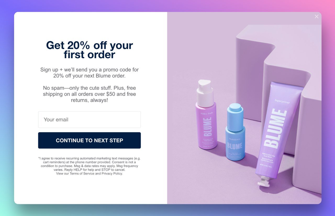 Blume popup design example with a picture of the brands product on the right side offering 20% off and a contrasting call to action