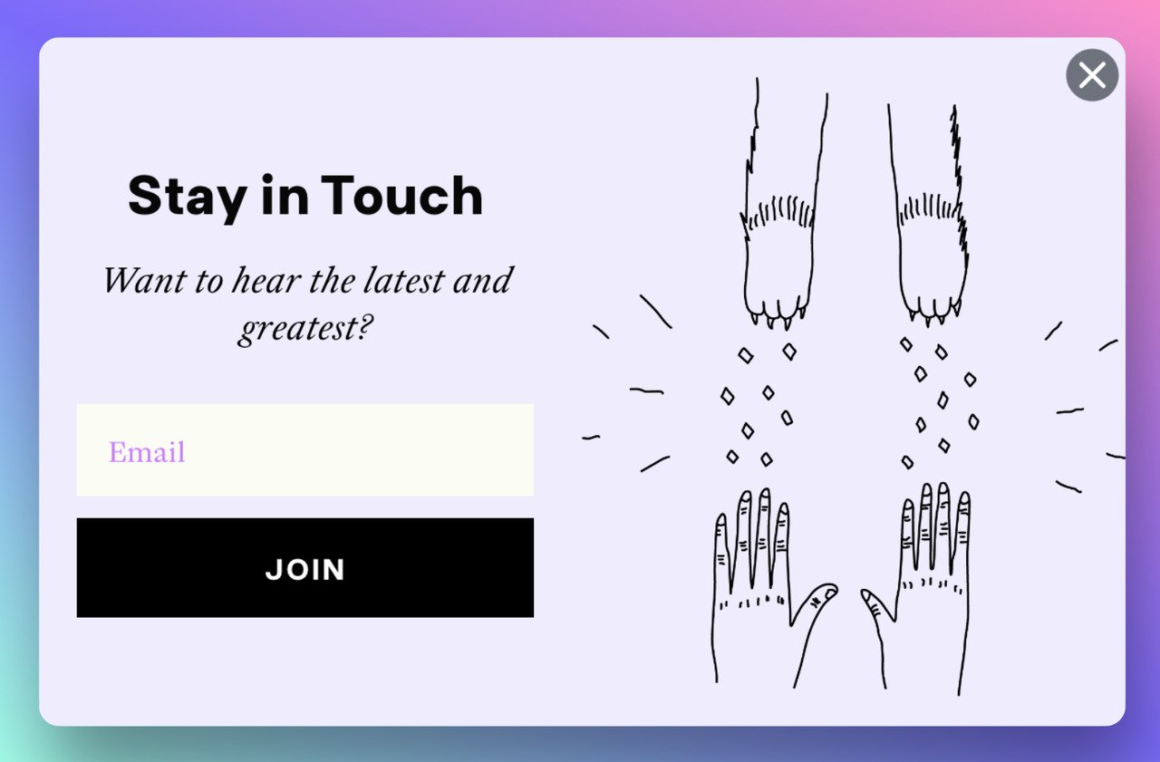 meowmeow tweet popup design example with an illustration of a cat and a human hands