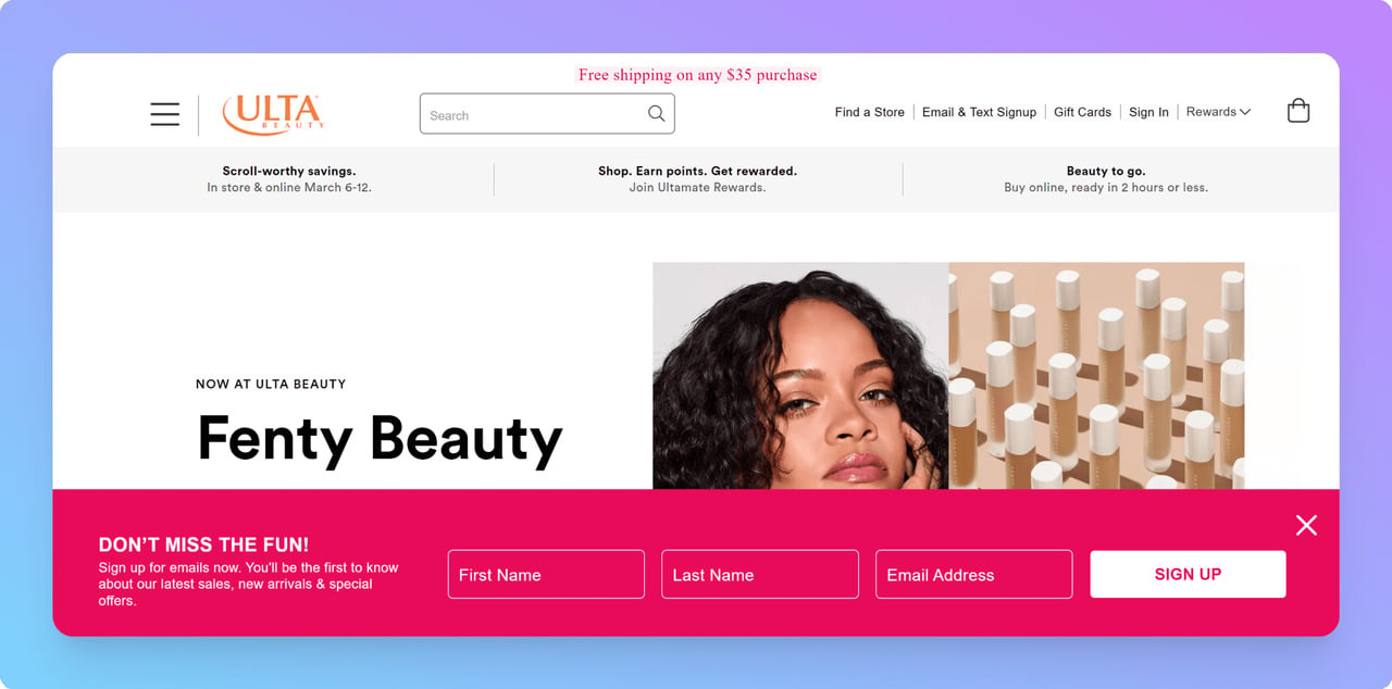 a screenshot of ultra beauty floating bar pink popup that shows using contrast as a popup design best practice