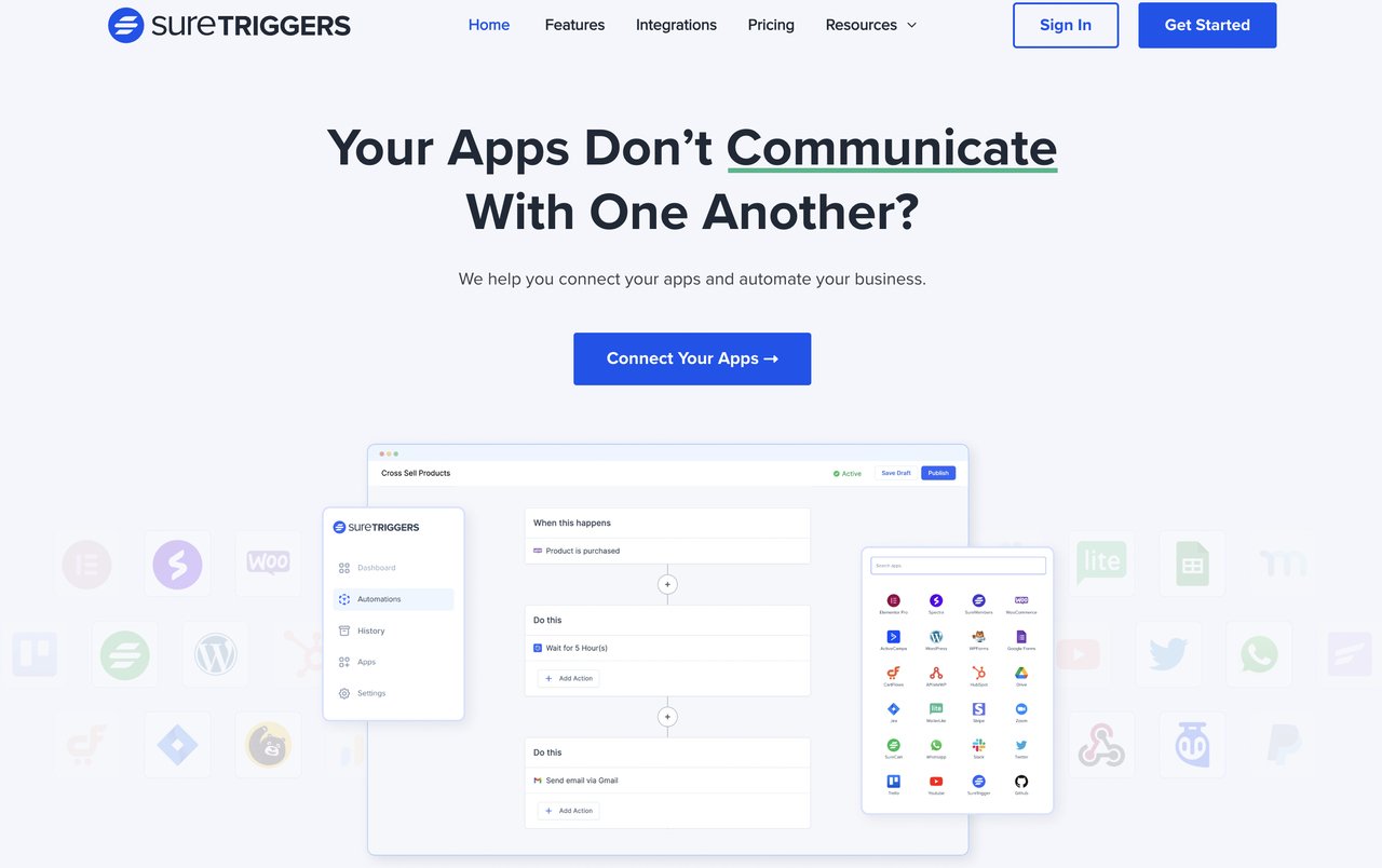 The homepage of SureTriggers, an automation platform similar to Zapier