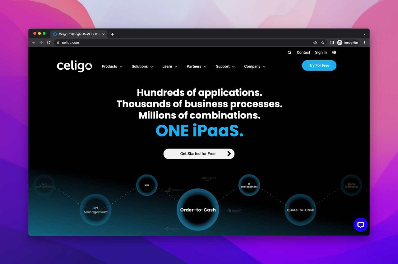 Celigo website screenshot with dark background as one of the best integration software tools