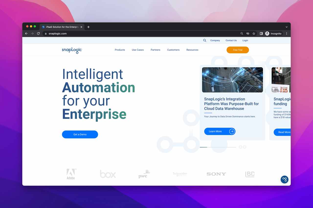Snaplogic website screenshot with blue and white background as one of the best integration software tools