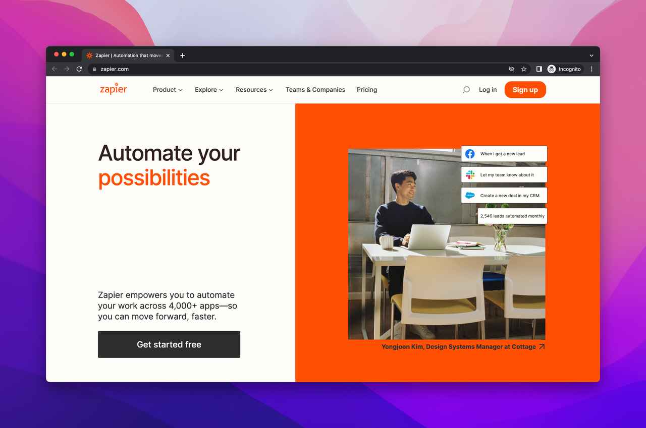 Zapier website screenshot with orange background here as one of the best integration software tool