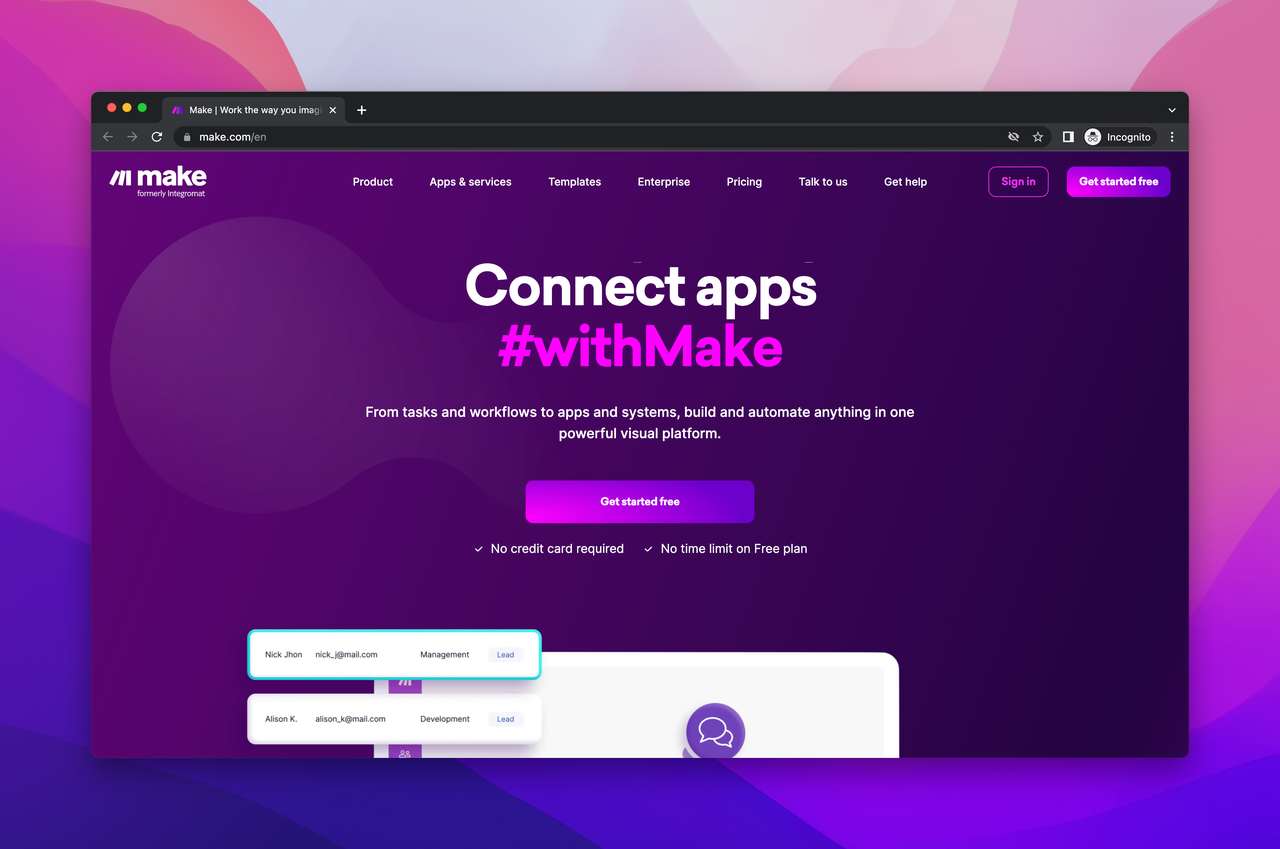 make.com formerly integromat website screenshot with purple background as one of the best integration software tools