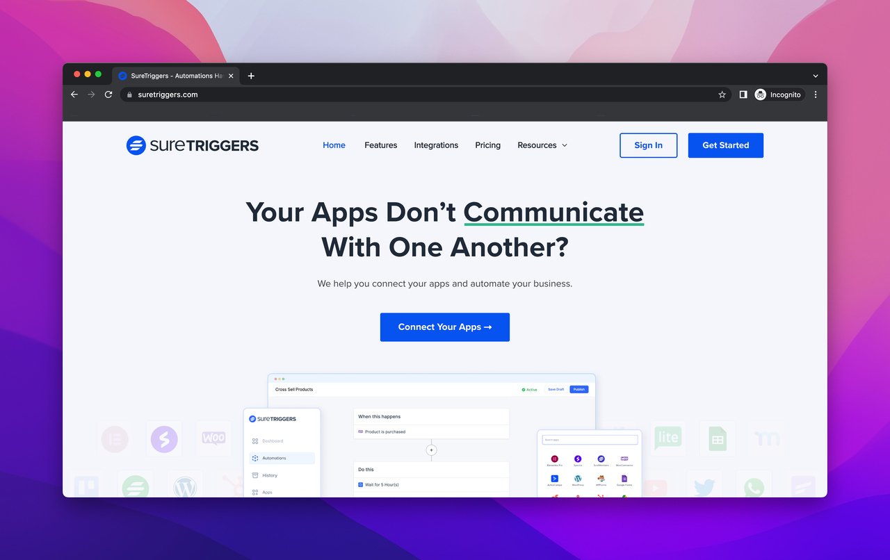 The homepage of SureTriggers which is one of the integration software