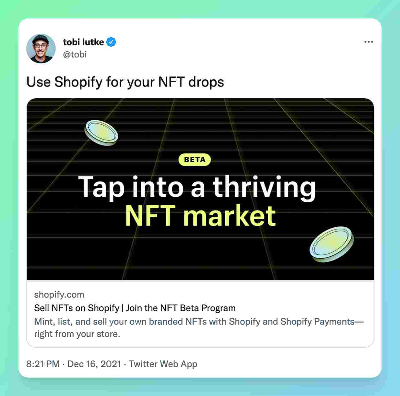 Tobias Lutke Tweeting and introducing the Shopify NFT platform