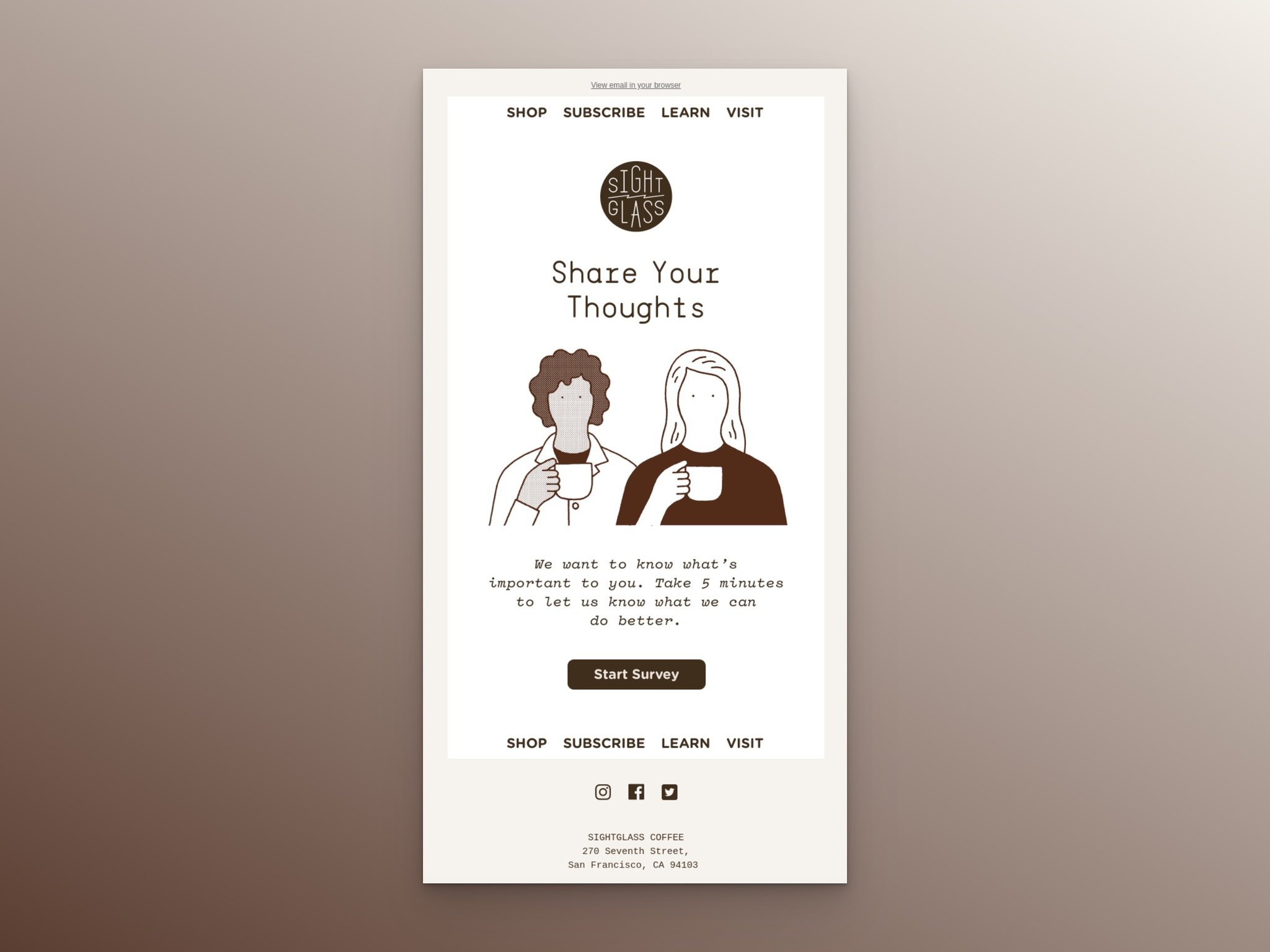 survey email example that says "Share Your Thoughts" and illustration of two women drinking coffee