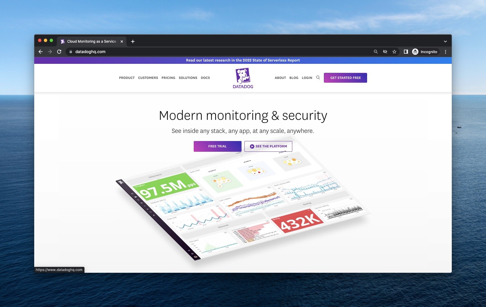 the screenshot of Datadog's homepage which is an uptime monitoring tool