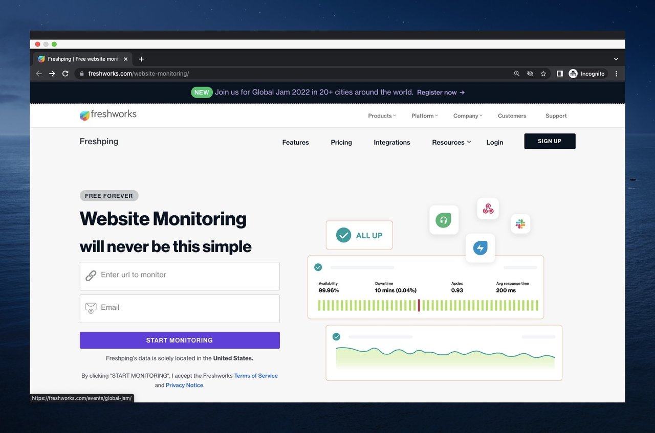 the screenshot of Freshping's homepage which is an uptime monitoring tool