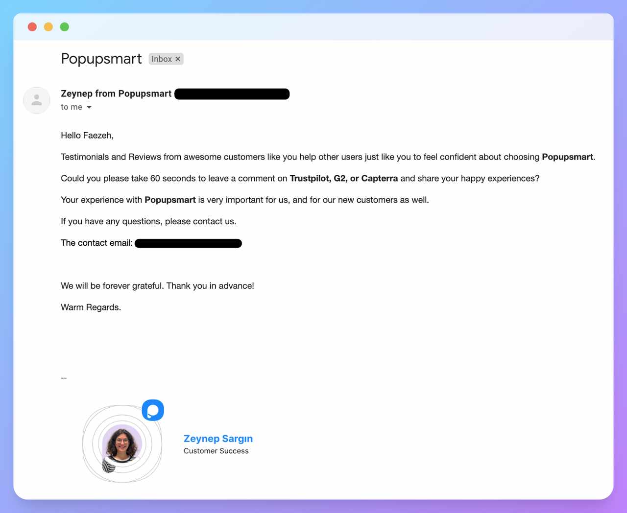a screenshot of a follow up testimonial email request from Popupsmart's support team asking a happy customer to share their experience on platforms like G2, Userpilot or Capterra