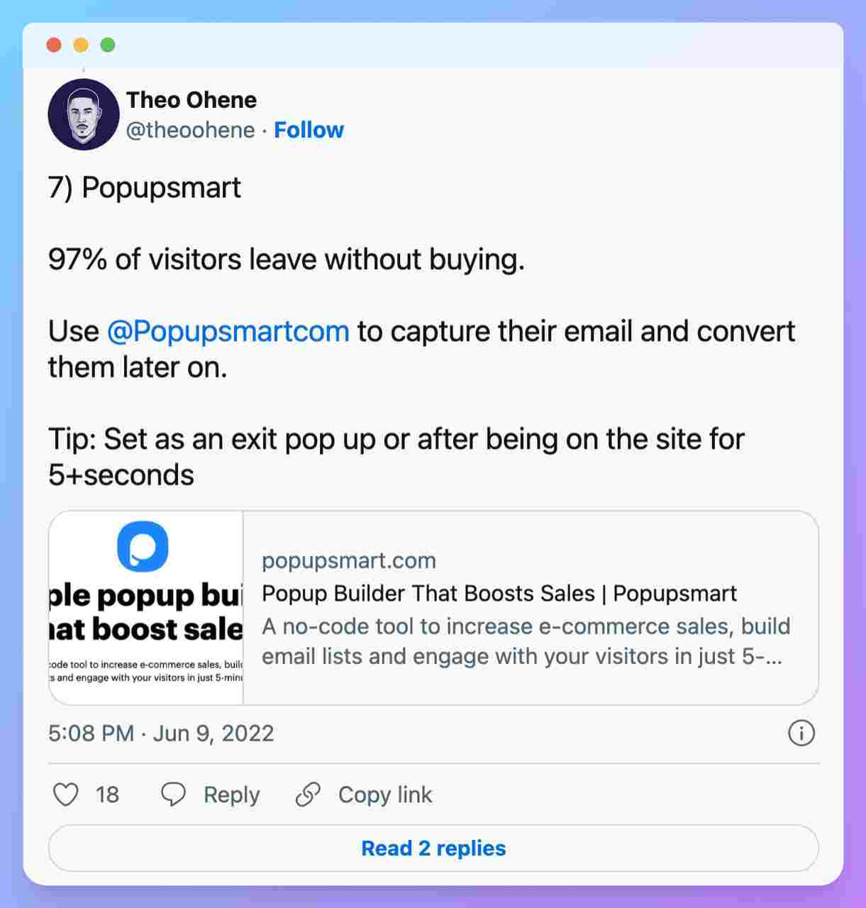 a tweet screenshot of Theo Ohene's thread recommending Popupsmart
