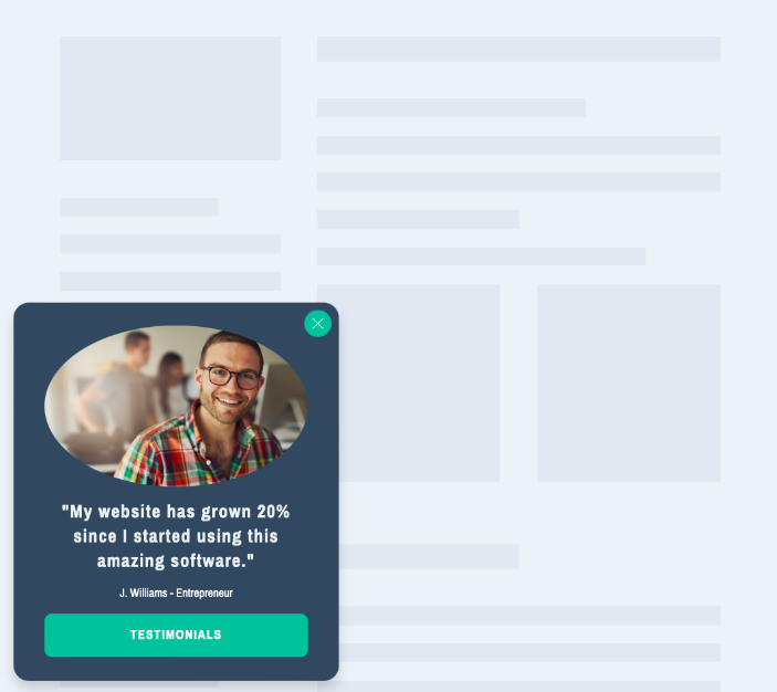 a popup window that shows a guy smiling to the camera and under the picture there is a part of his review text that says how happy he is using this software with a green CTA that invites the users to see more testimonials