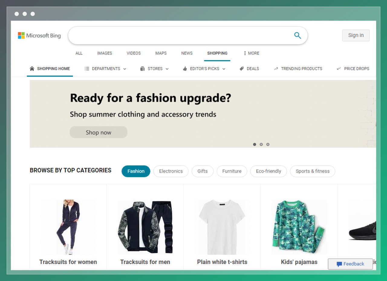 the screenshot of Bing Shopping search engine homepage featuring the search bar and fashion category items like tracksuits, tshirts and kids' pajamas