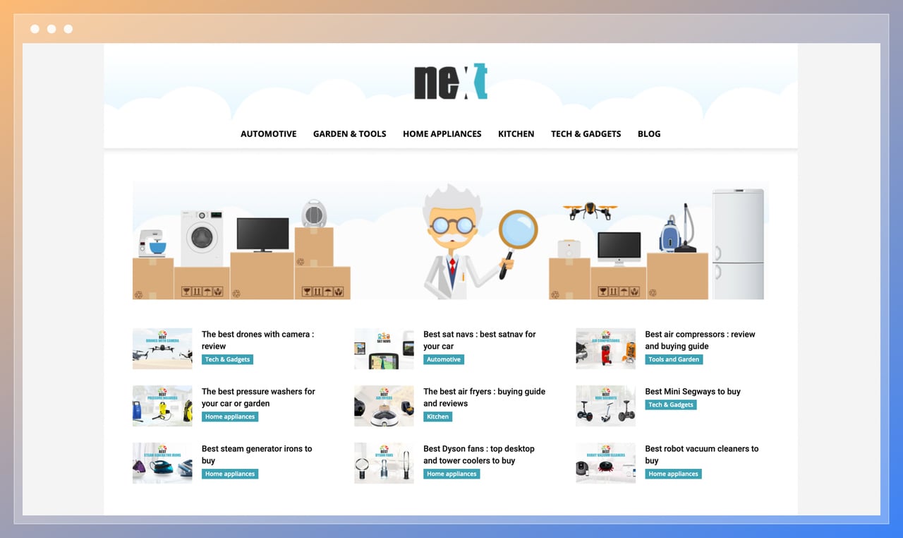 the screenshot of Nextag including a man illustration with glasses and white hair and mustache holding a magnifying glass up between home appliences and boxes with different product categories below such as the best drones with camera