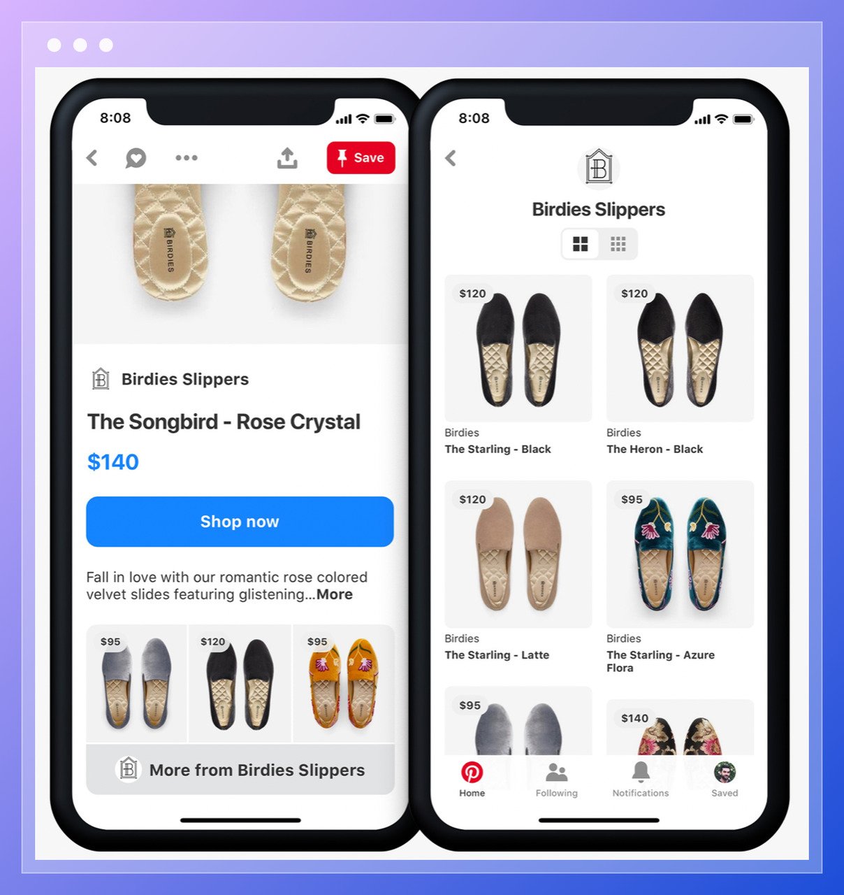 the screenshot of Pinterest's shopping feature including slipper images in different colours with the pricing and a blue shop now button