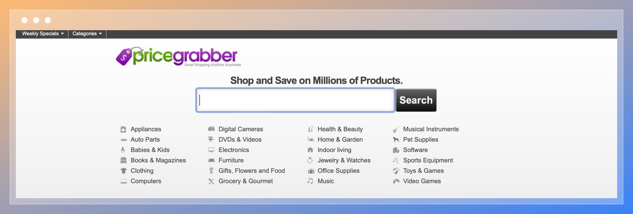 the screenshot of Pricegrabber showing a huge search bar and categories below such as appliances, auto parts, digital cameras, musical instruments and so on