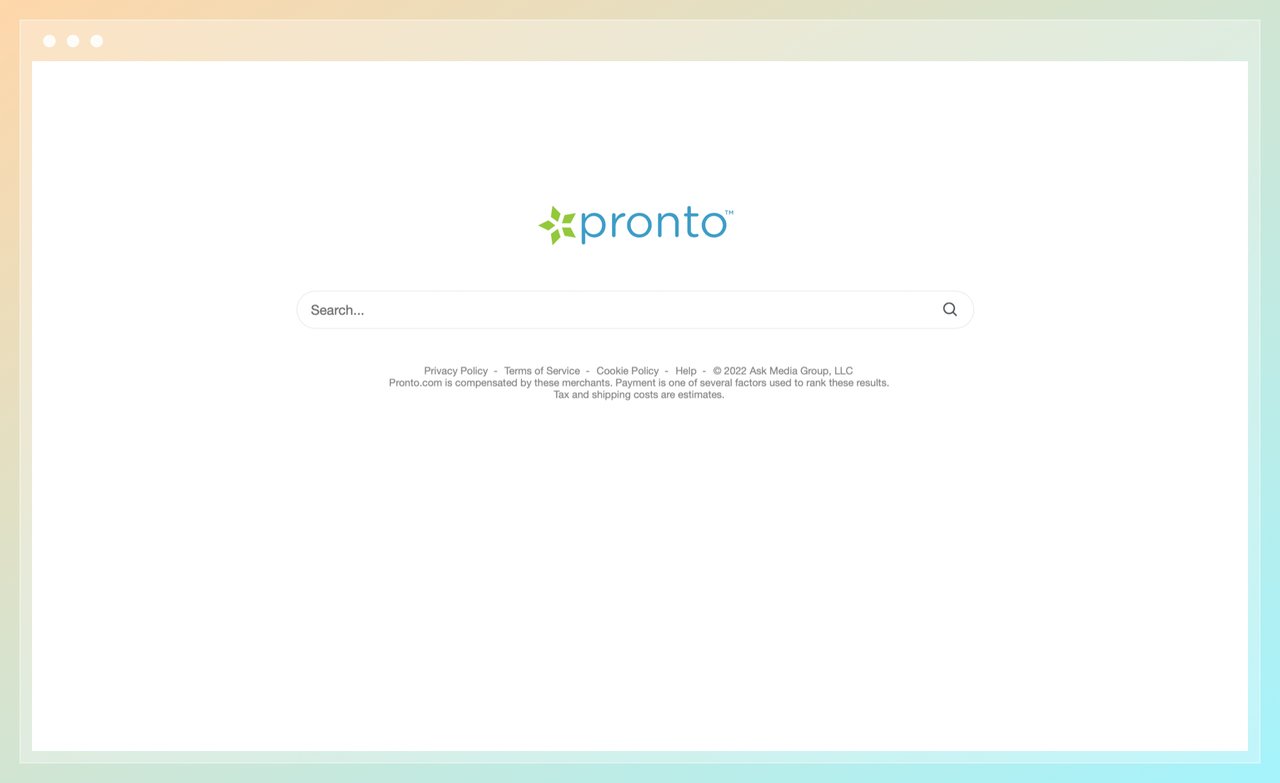the screenshot of Pronto shopping search engine with the logo of Pronto and a search bar