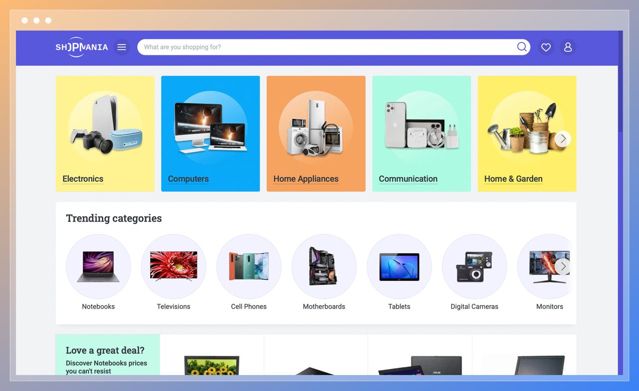 the screenshot of Shopmania featuring electronics, computers, communication, home&garden and trending categories