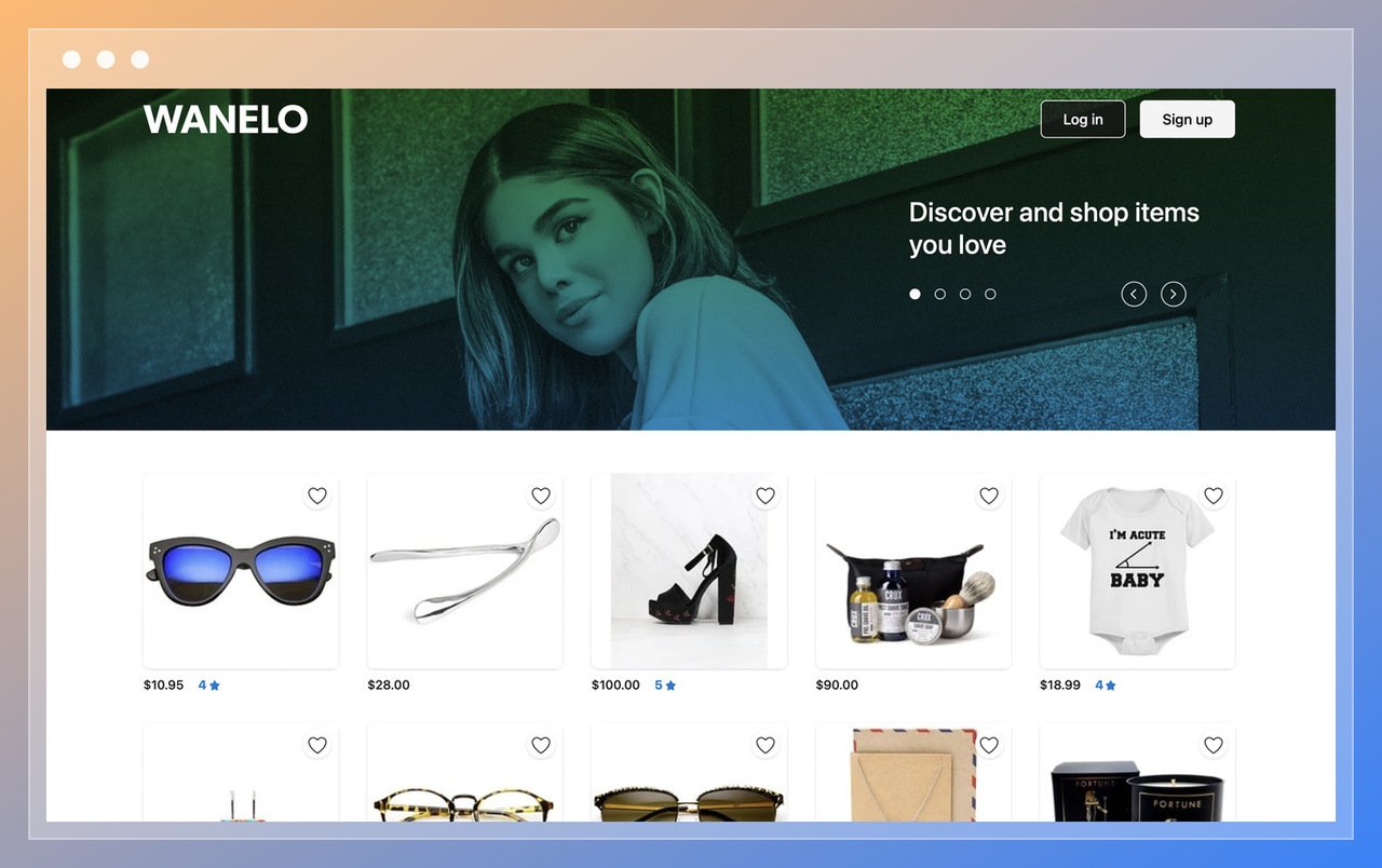 the screenshot of Wanelo featuring a woman with a green filter with login and sign in buttons featuring sunglasses, high-heel shoes and baby clothes