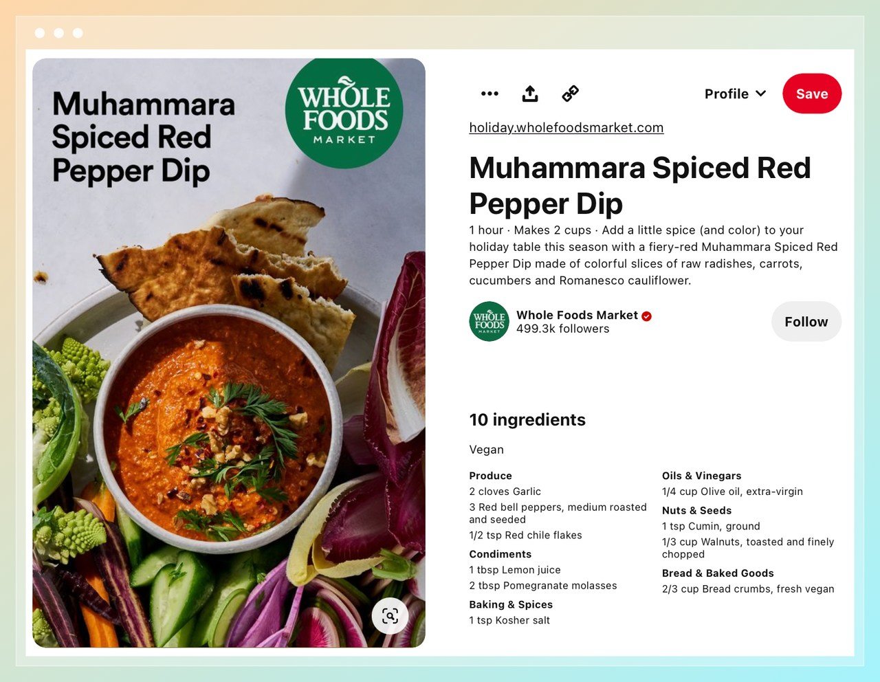the screenshot of pinterest recipe pin featuring the recipe of muhammara dip of whole foods market with ingredients, serving size and necessary time to prepare