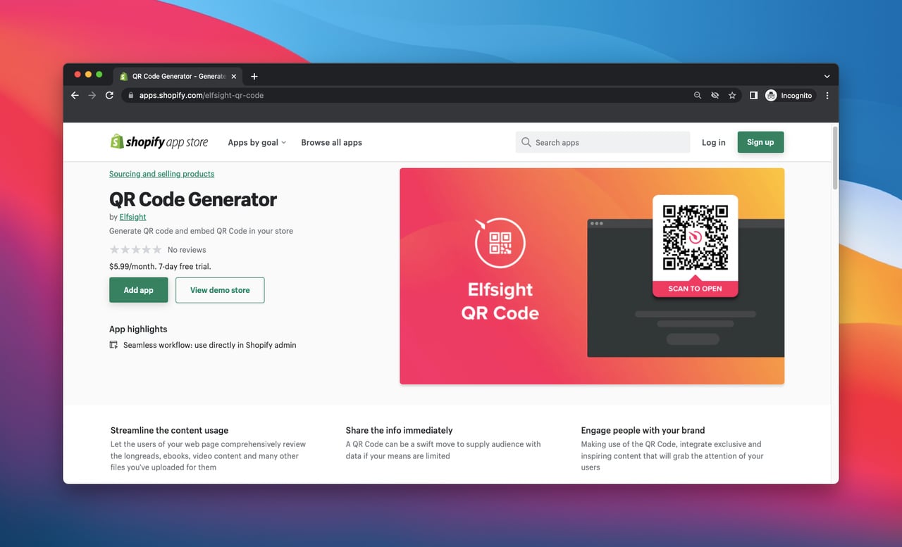 Shopify app store page of elfsight qr code generator