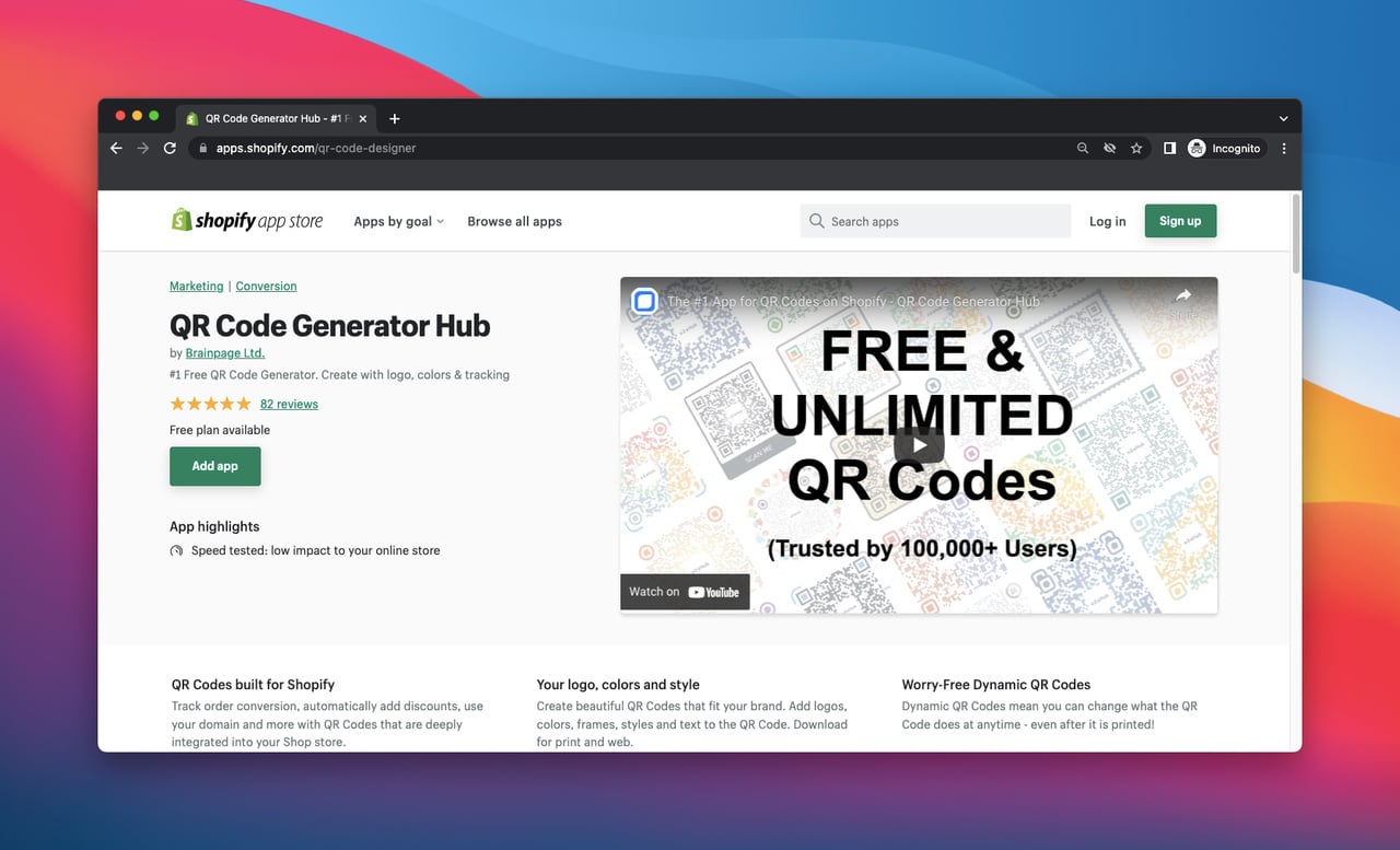 Shopify app store page of qr code generator hub