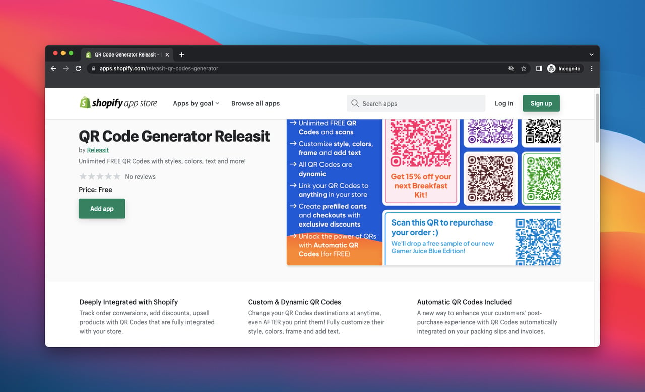 Shopify app store page of qr code generator releasit