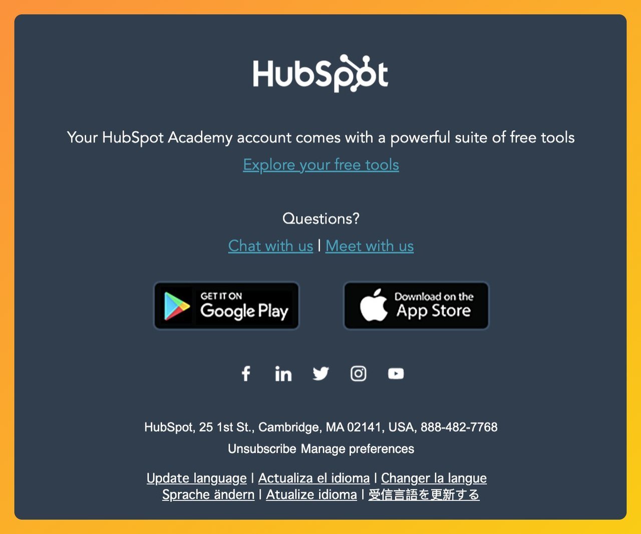 a screenshot of Hubspot email footer that shows the logo of the company, a call to action and legal information and links to download the app