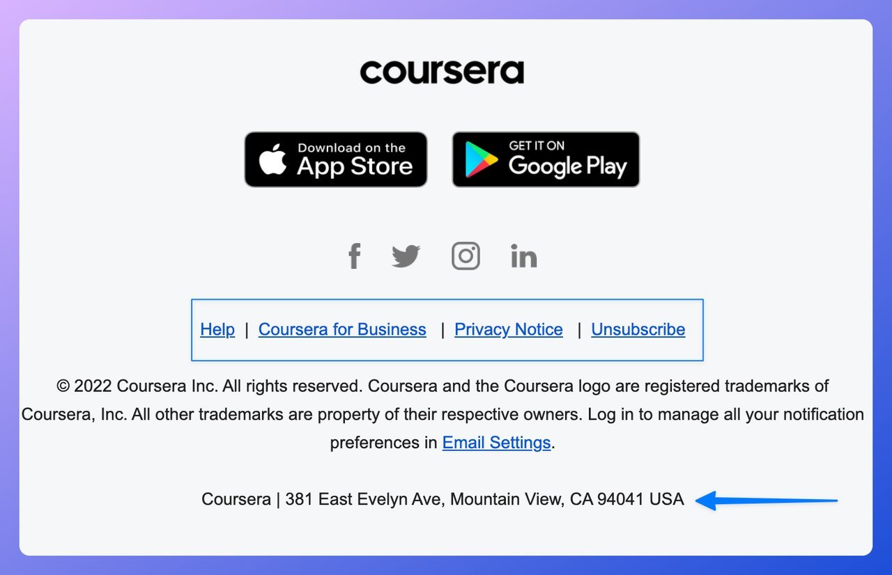 a screenshot of Coursera email footer examples that shows the logo of the company, legal information, registered office, privacy notices and links to download the app