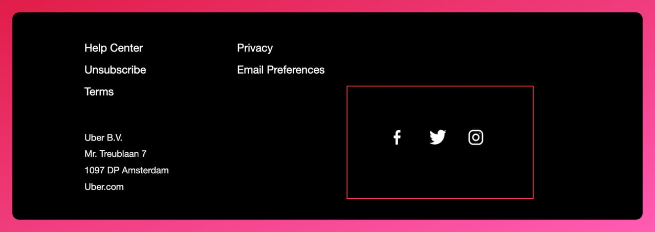 a screenshot of Uber's email footer example that shows the company's legal information and social media platforms with their logo with a black background that aligns with the company's style