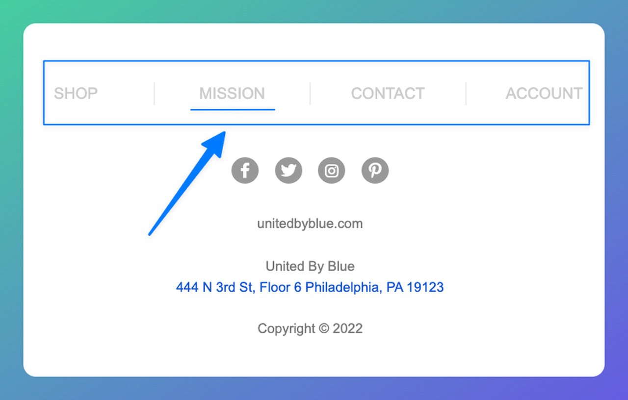 a screenshot of United By Blue email footer examples that shows company's registered office, privacy notices and links to their mission