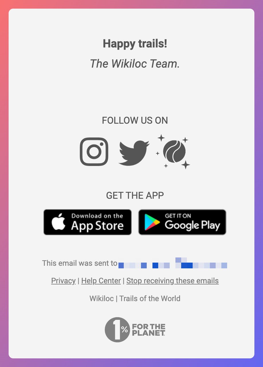 a screenshot of Wikiloc email footer example that shows the logo of the company, legal information, registered office, privacy notices and links to download the app both for iphone and android
