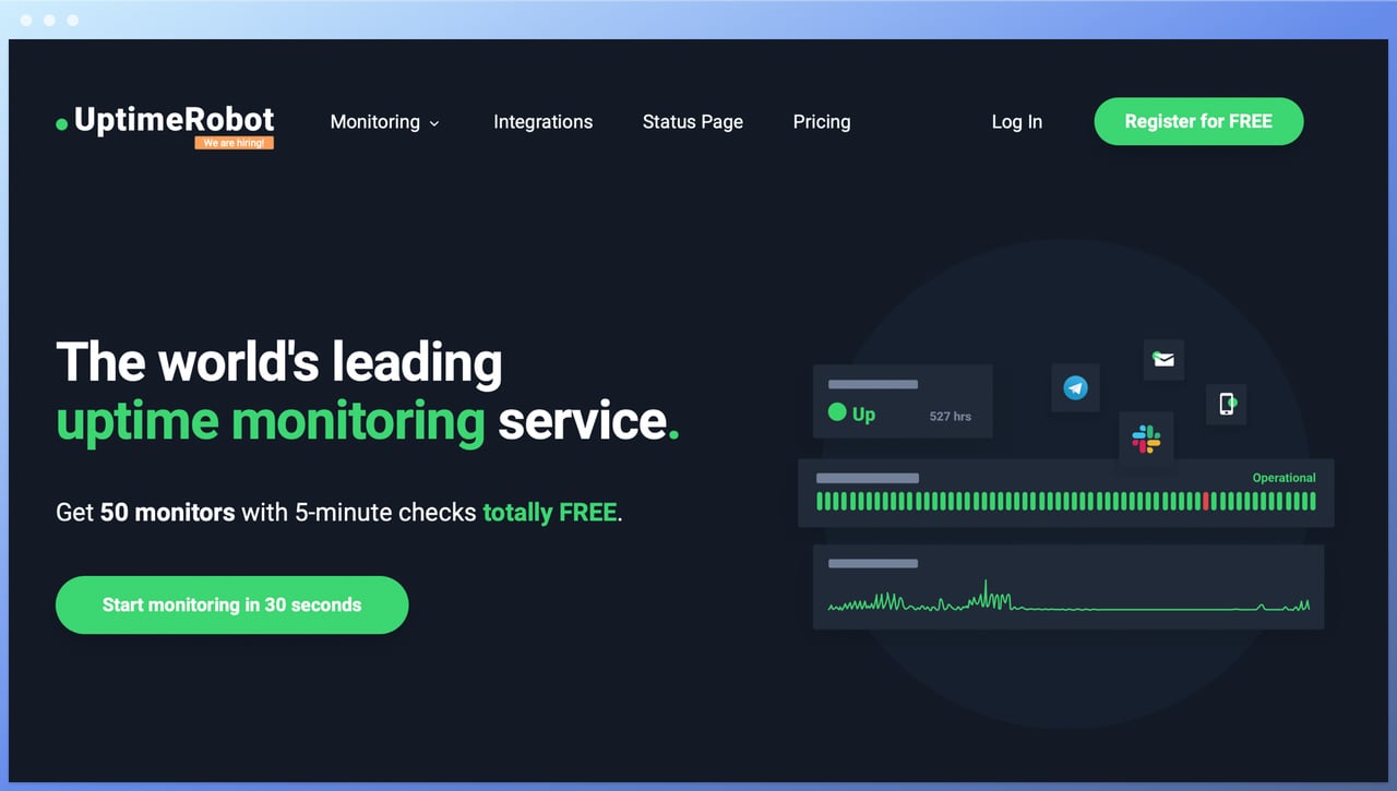 uptime robot homepage with the world's leading uptime monitoring service title and some icons of different platforms on the right with a process bar below