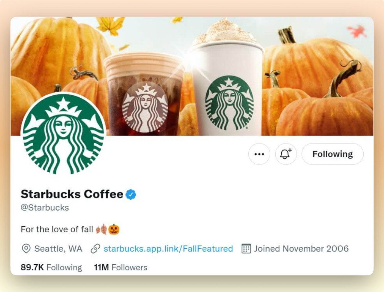a screenshot of Starbucks Twitter cover showing the drink with Halloween pumpkins and decorations as a marketing campaign idea