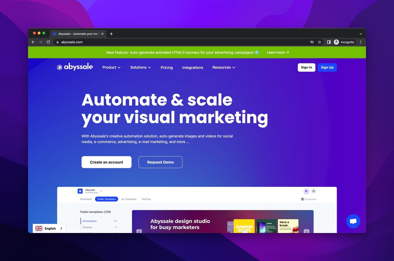 Abyssale image generation tool homepage with a slogan that says "Automate & scale your visual marketing"