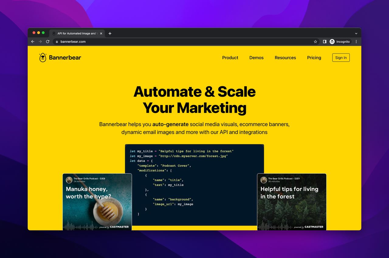 Bannerbear image generation tool homepage with a slogan that says " Automate & Scale Your Marketing"