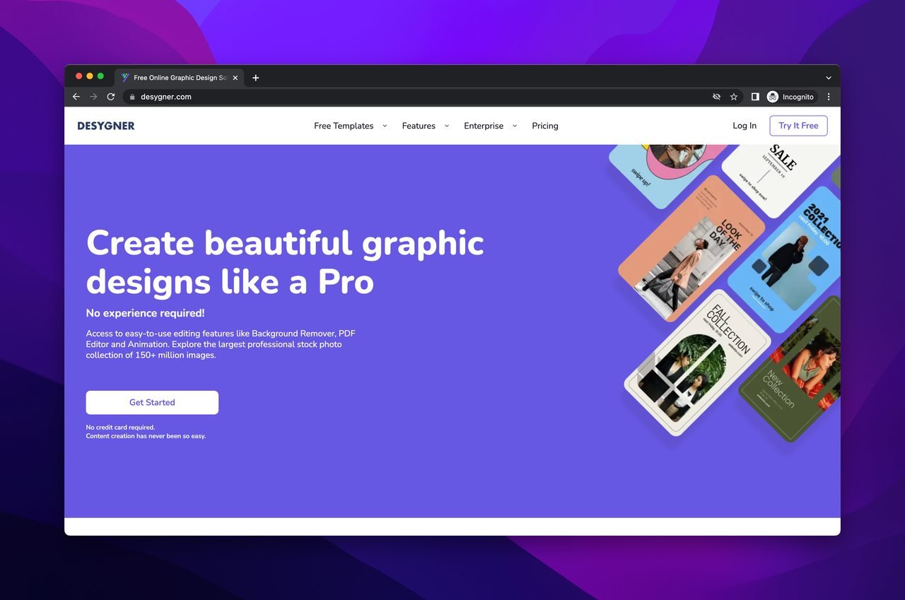 Desygner image generation tool homepage with a slogan that says" Create beautiful graphic desians like a Pro"