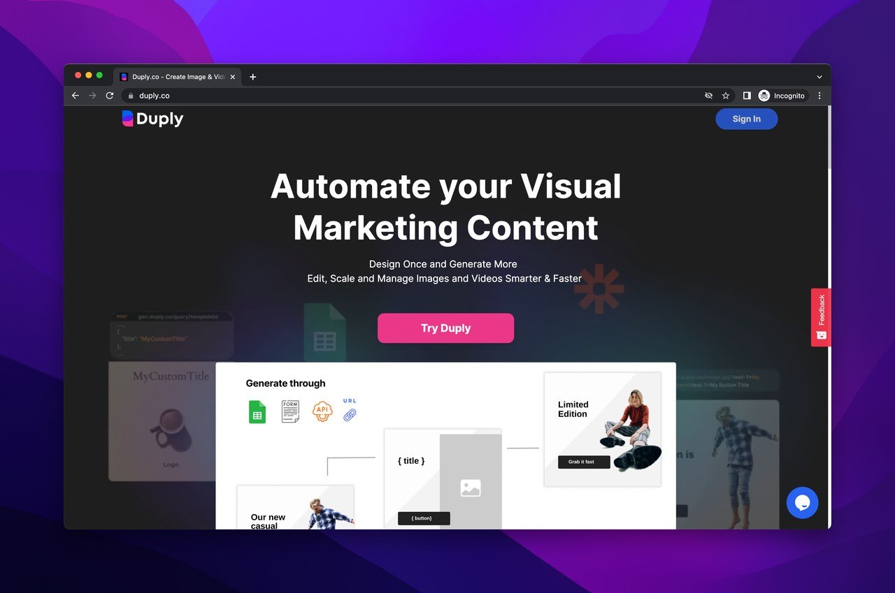 Duply image generation tool homepage with a text that says "Automate your Visual Marketing Content"