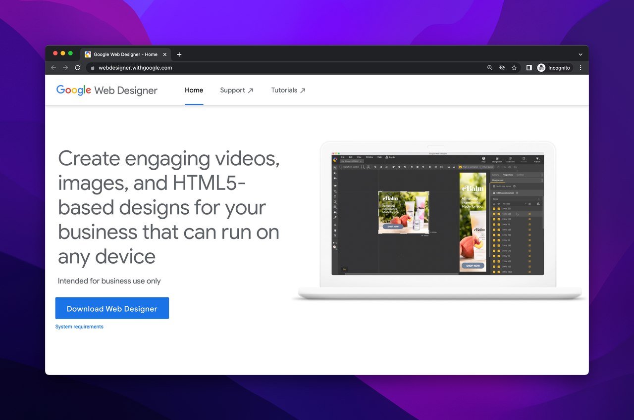 Google web designer image generation tool homepage with a text that says"create engaging images and videos"